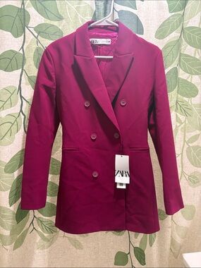Zara Double-Breasted Dark Pink Blazer Jacket